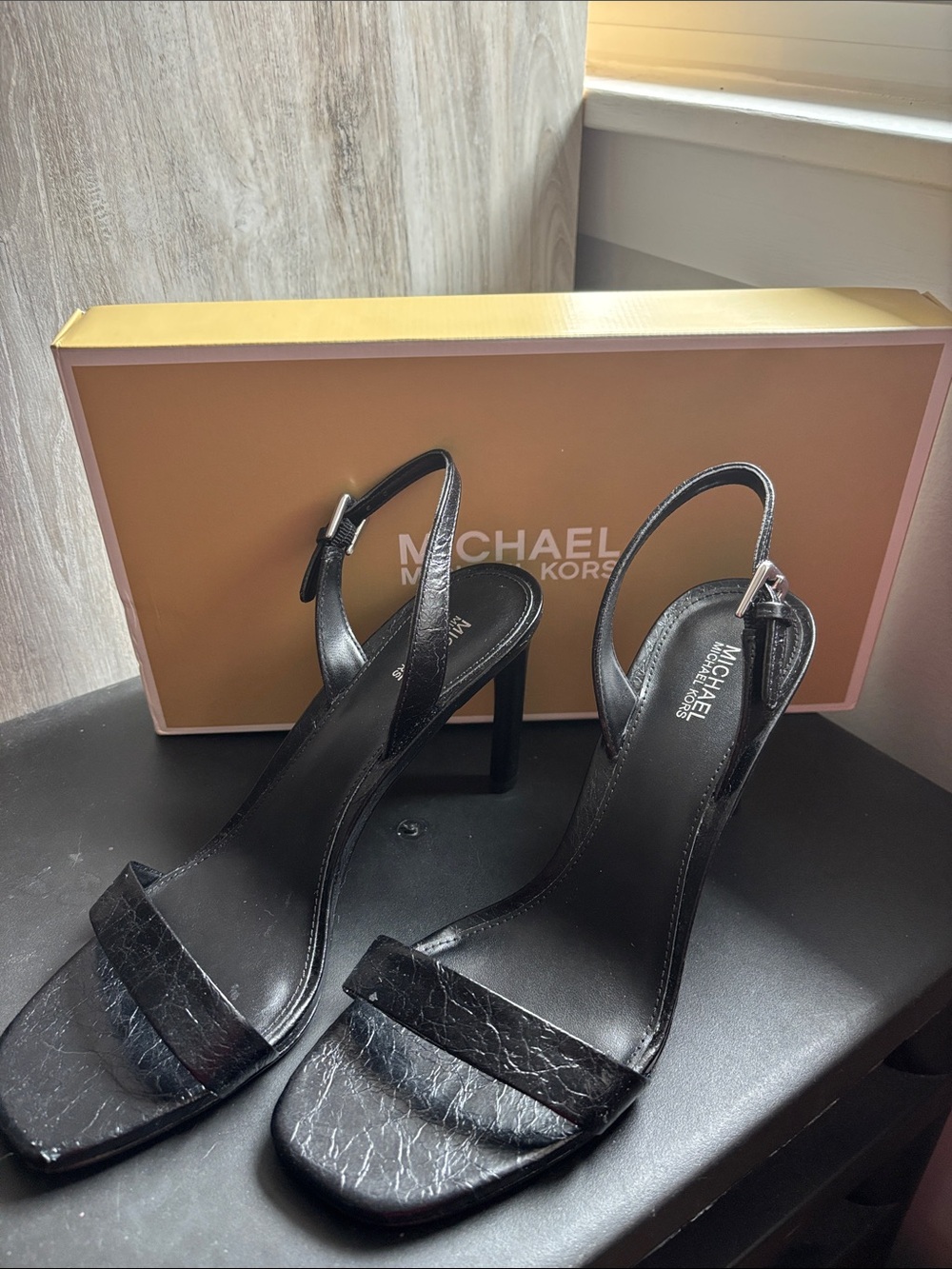 MICHAEL Michael Kors Black Leather Slingback Stiletto Heels Brand New